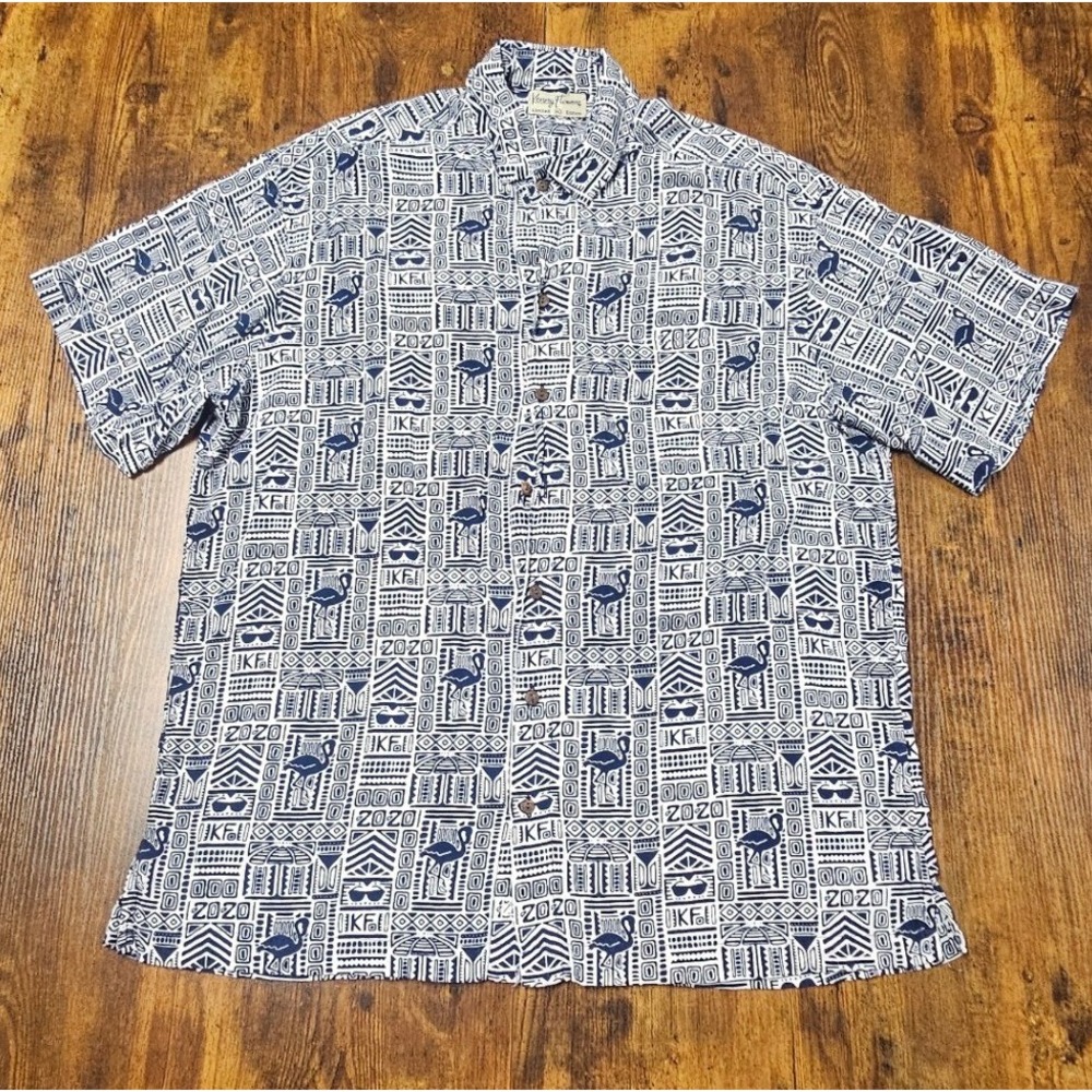 Kenny Flowers Mens Limited Edition Blue White Flamingo Tiki Rayon Shirt XL